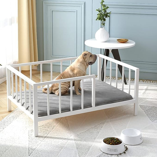 Dog Bed with Rails - Elevated Pet Metal Bed Frame with Solid Wood Board and Washable Soft Mat for Medium Dog Indoor or Outdoor Use, 25.2" x 37.8", White-PawvioPets