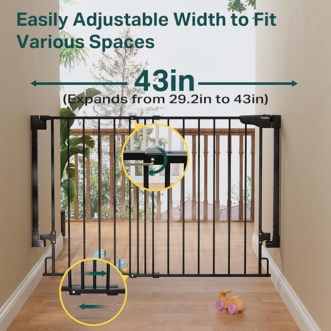 Cumbor 29.2-43" No Bottom Bar Baby Gate for Stairs, 2-in-1 Hardware Mounted Dog Gate Indoor, Wide Pet Gates for Doorway with Large Walk Thru Door, Child-Proof Gate for Top & Bottom of Stairs(Black)-PawvioPets