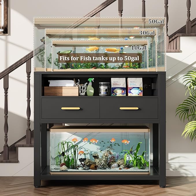 40-50 Gallon Aquarium Stand with Stable Metal Frame & Power Outlet, Heavy-Duty Fish Tank Stand with Waterproof Mat, 800LBS Capacity Storage Cabinet, Suitable for Turtle Tank, Reptile Terrarium, Black-PawvioPets