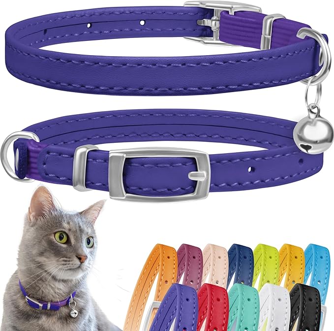 CollarDirect Leather Cat Collar, Kitten Collar with Removable Bell Black Blue Red Orange Lime Green (6-7 Inch, Purple)-PawvioPets