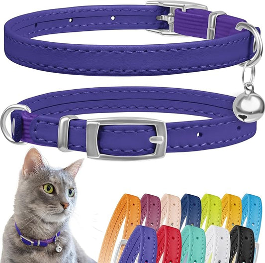 CollarDirect Leather Cat Collar, Kitten Collar with Removable Bell Black Blue Red Orange Lime Green (6-7 Inch, Purple)-PawvioPets
