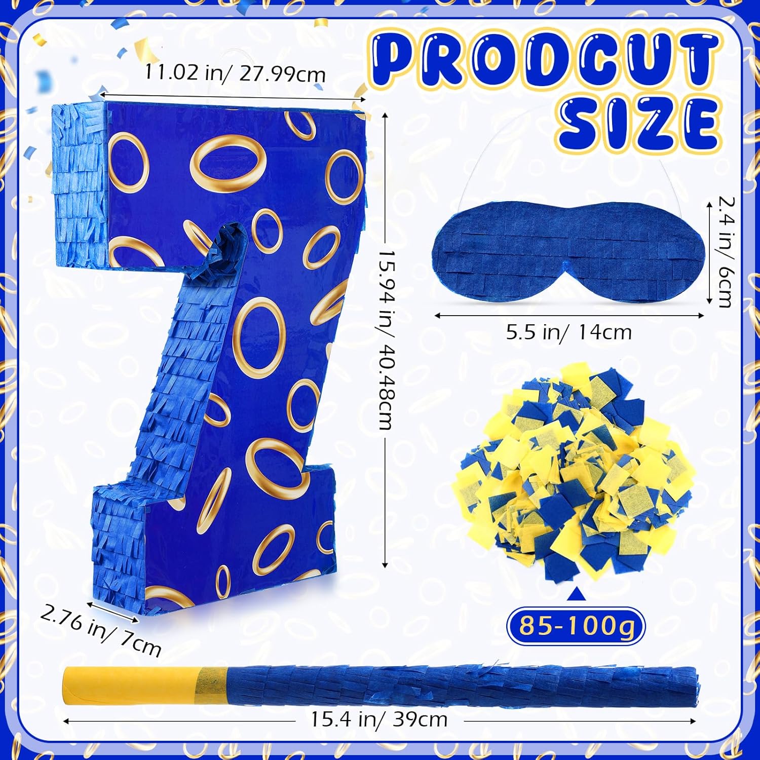 Number 7 Blue and Golden Rings Piñata for Kids Birthday Cartoon Theme Small Piñata with Blindfold Stick Confetti for Fiesta Cinco De Mayo Party Decor, 15.8 x 11 x 2.8 Inch