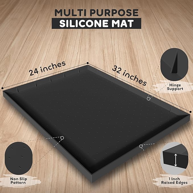 32x24x1” XL Dog Food Mat - All Purpose Under Sink Liner, Washer and Dryer Covers for The Top, Silicone Griddle Mat for Blackstone - Raised Edges Dog Mat for Food and Water Prevent Spill, Waterproof-PawvioPets