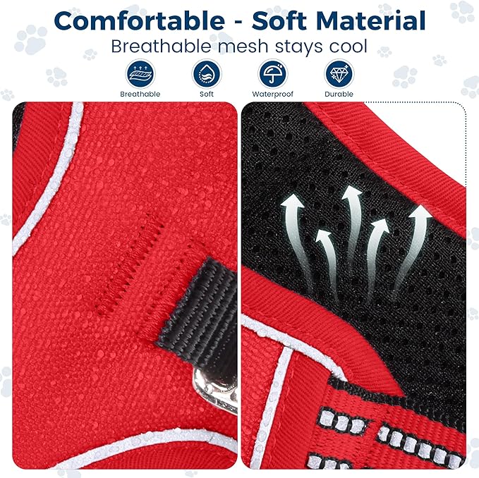 Funfox Dog Harness No Pull, Adjustable Pet Vest Harness, Super Soft Material with Vertical Handle Easy Control, Reflective Night Walking, 2 Leash Clips for Large Dogs, Red, L-PawvioPets