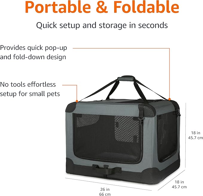 Amazon Basics 4-Doors Portable Soft-Sided Folding Travel Crate Kennel for cat, Dog, and Other Small Animals, Grey, S 26" x 18" x 18"-PawvioPets