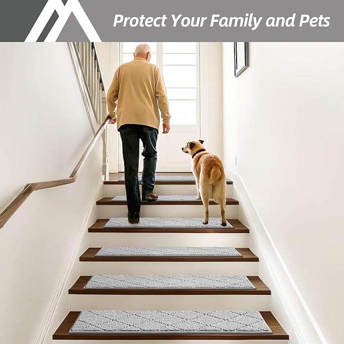 COSY HOMEER Edging Stair Treads Non-Slip Carpet Mat 28inX9in Indoor Stair Runners for Wooden Steps, Edging Stair Rugs for Kids and Dogs, 100% Polyester TPE Backing (7pc, Grey)-PawvioPets