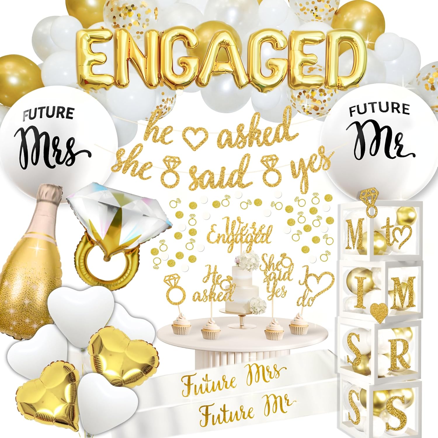 248 Pc Premium Engagement Party Decorations, Gold and White Bridal Decorations, He Asked She Said Yes Banner, Engaged Letter Balloons, Future Mrs and Mr Balloons & Sashes Ring Balloon, Boxes & more