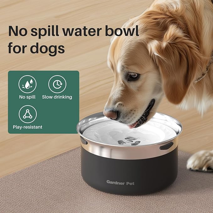 Gardner Pet Dog Bowls 1 Gallon (3.85L) Stainless Steel No Spill Dog Water Bowl, Slow Water Feeder Metal Bowls, Spill Proof Water Dispenser for Large Dogs, Promotes Healthy Hydration(Black)-PawvioPets