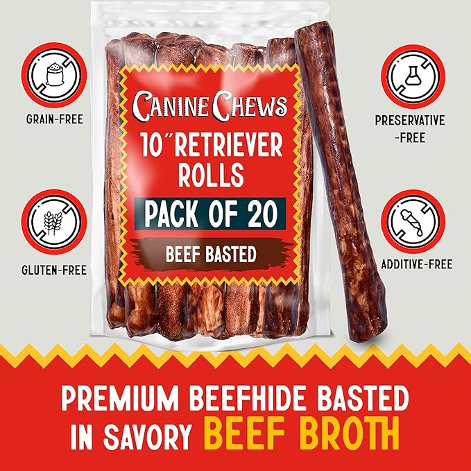 Canine Chews 10" Beef Basted Rawhide Bones for Large Dogs - 20 Pack - Hand-Rolled Dog Chews Basted in Beef Broth - Promotes Dental Health-PawvioPets