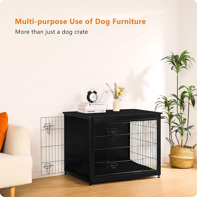 DWANTON Dog Crate Furniture with Cushion, Wooden Kennel Table with Double Doors, Indoor Dog House, Large Size, 38.5" L, Black-PawvioPets
