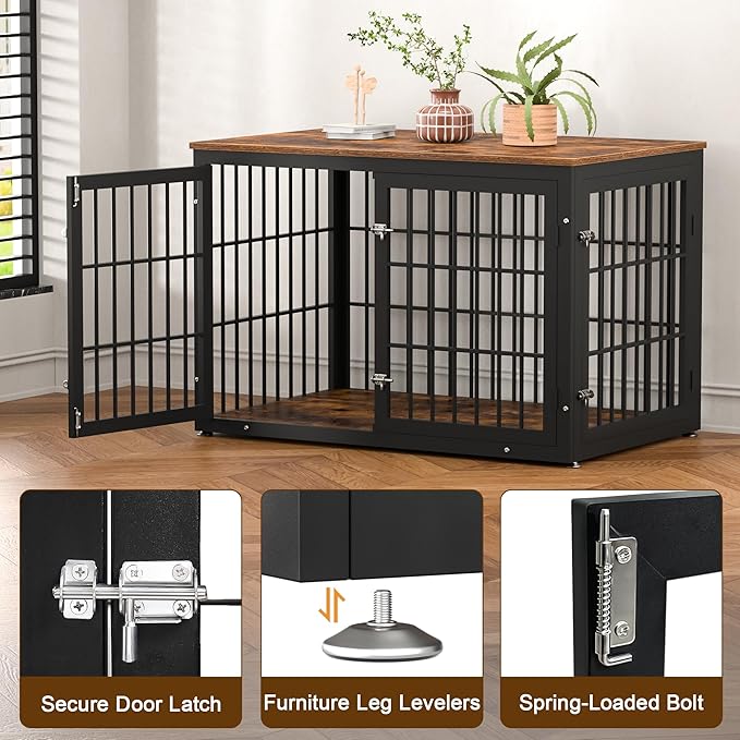 48 Inch Rustic Heavy Duty Dog Crate Furniture for Extra Large Dogs, Decorative Pet House End Table, Wooden Cage Kennel Furniture Indoor, Black and Brown-PawvioPets