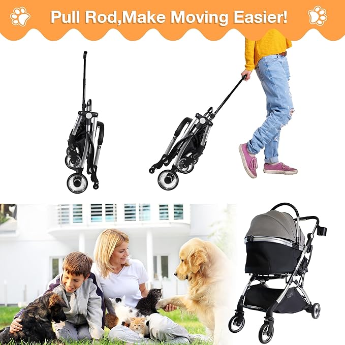 Dog Stroller for Small Medium Dogs, 3 in 1 Folding Pet Stroller Up to 33 lbs, 4 Wheels Pet Strolling Cart with Zipperless Entry, Cat Dog Travel Carrier with Telescopic Handle and Storage Basket-PawvioPets