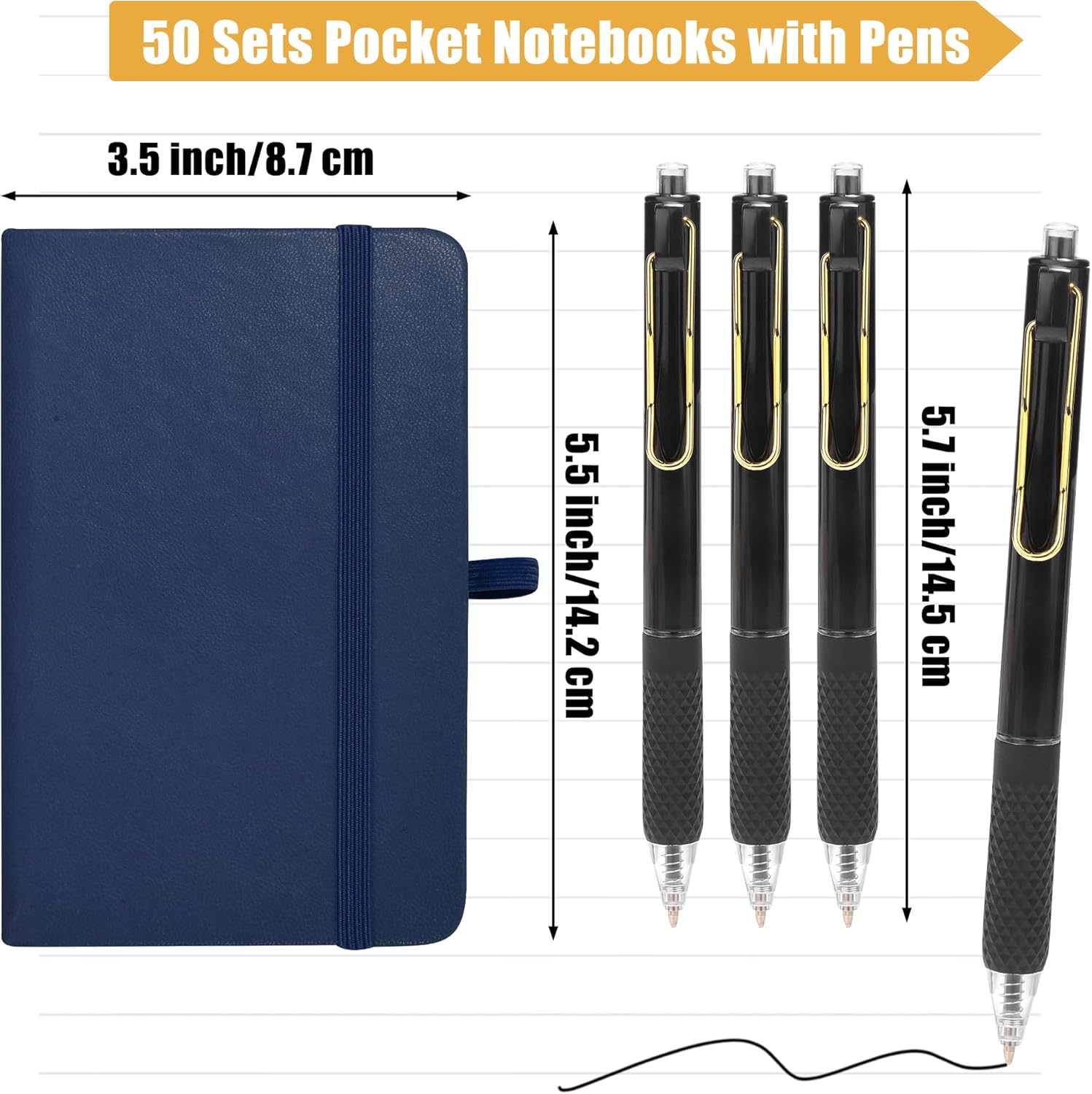 Aodaer 50 Sets Pocket Notebook Journal with Pens, 160 Pages, 3.5 x 5.5 Inch Mini Lined Journal Notebook A6 Leather Hardcover College Ruled Notepad with Pen Holder for School Office Gifts, Navy Blue