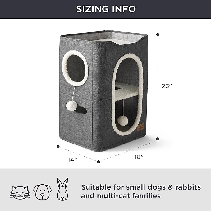 Bedsure 2 Story Cat House - Cat Condos for Indoor Cats with Scratch Pad and Fluffy Ball Hanging, Small Pet Cave Furniture Hideaway for Multi Pets, 18x14x23 inches, Dark Grey-PawvioPets