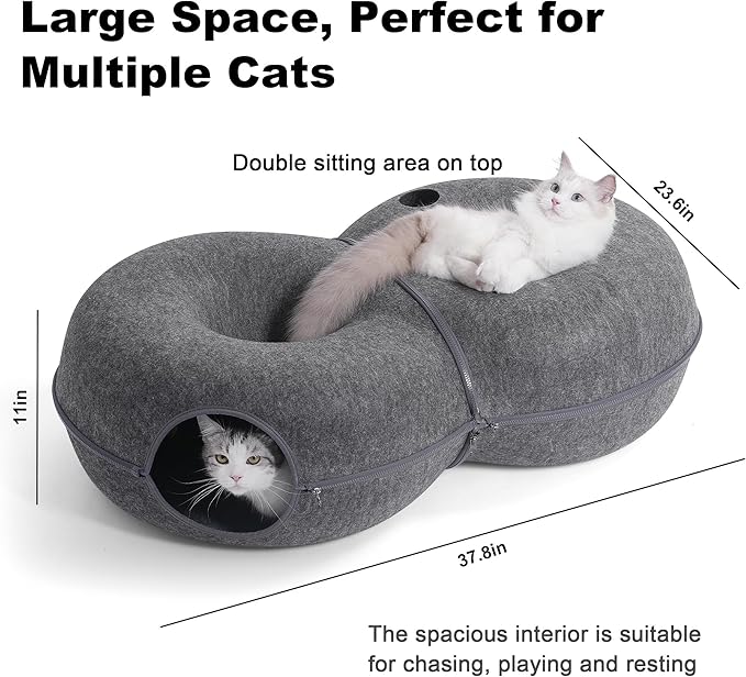 8-Shaped Large Cat Tunnel Bed for Indoor Cats, Infinite Circulation Peekaboo Cat Cave with 12 Toy Balls, Cat Donut Tunnel for Cats up to 30 Pounds (Dark Grey, L 38x24x11in)-PawvioPets
