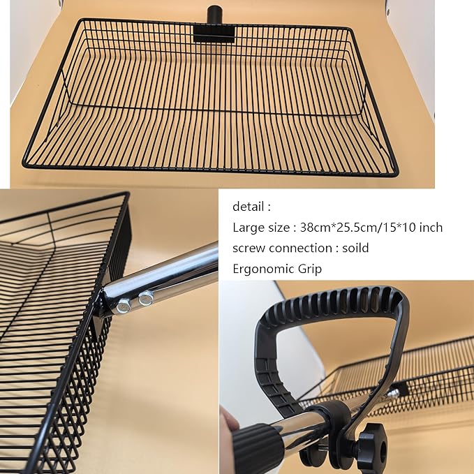 15 Inch Large Chicken coop Scoop with Ergonomic Grip Adjustable Long Handle (24-64") Chicken Poop Scooper Sifting Shovel rake Stainless Steel Metal coop Scoop (L/15 INCH)-PawvioPets