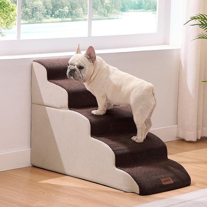 Dog Stairs for High Beds - Pet Stairs Ramp for Couch, 35D Foam Dog Steps for Small to Large Pets, with Non-Slip Bottom Brown, 5 Steps-PawvioPets