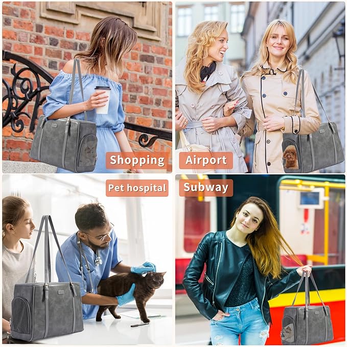 Fashion Dog Purse Pet Carrier Leather Bag for Small Dogs Cats Puppy, Portable Tote Bag Airline Approved Soft-Sided Carriers (Grey)-PawvioPets