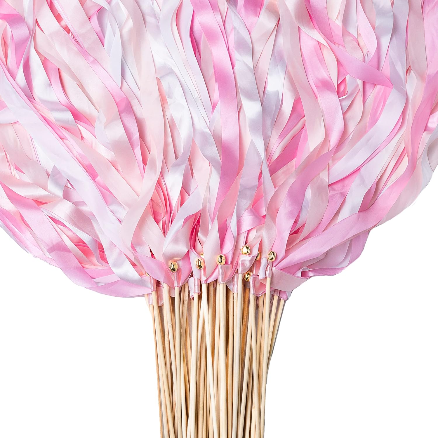 60 Pieces Wedding Colorful Ribbon with Bells, Party Ribbons Streamers Sticks Magic Wish Fairy Wand for Wedding Party Holiday Activities Favors (Pink-60)