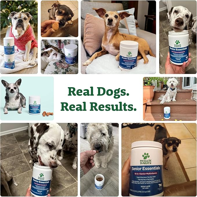 Doggie Dailies Senior Essentials Multivitamin for Dogs Soft Chews | Advanced Dog Multivitamin | Nutritional Support for Joints, Skin & Coat, Digestion, and the Immune System | Bacon Flavor | 120 Count-PawvioPets