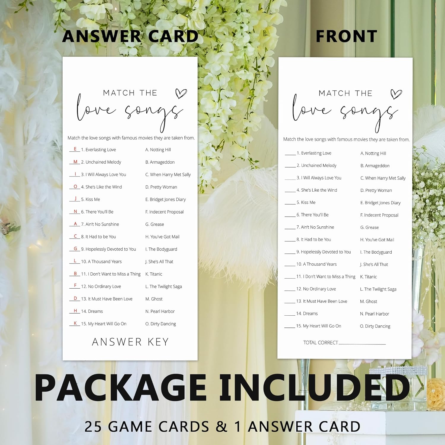 Bridal Shower Games, Match the Love Songs, 25Pcs 4x9in Minimalist White Double-Sided Bridal Game Cards with 1 Answer Key, Wedding Shower Games for Guests, Engagement Bachelorette Party Supplies - A02