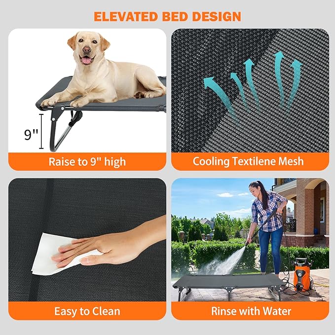 Elevated Dog Bed for Large Pet with No-Slip Feet, Foldable Portable Washable Raised Bed for Indoor&Outdoor Camping Dog Cot, with Cooling Waterproof Breathable Mesh (Large, Black-Textilene)-PawvioPets