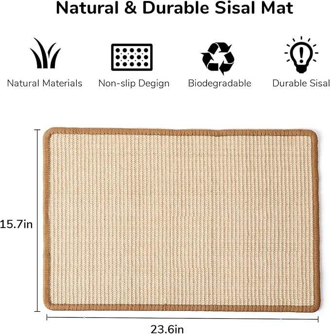 FUKUMARU Cat Scratcher Mat, 23.6 X 15.7 Inch Natural Sisal Cat Scratch Mats, Horizontal Cat Floor Scratching Pad Rug with Sticky Tapes, Protect Sofa and Carpet-PawvioPets