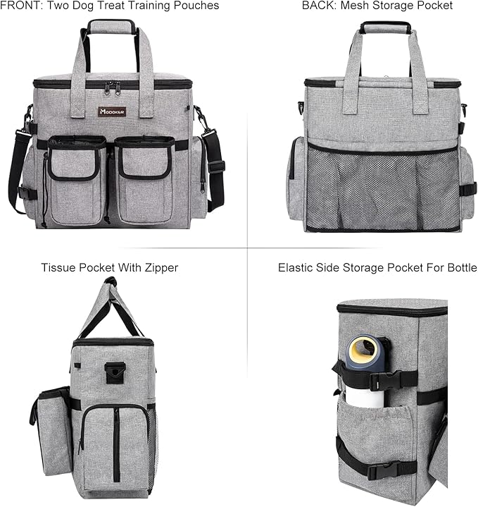 Airline Approved Dog Travel Bag with 2 Dog Treat Training Pouches, Tote Organizer for Weekend Pet Travel Supplies & Accessories, 2 Collapsible Bowls, 2 Food Container (Grey)-PawvioPets