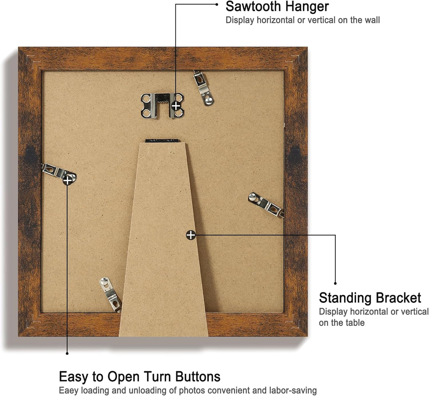 8x8 Picture Frame Set of 4 with HD Glass, Display 6x6 Pictures with Mat or 8 x 8 Without Mat, Rustic Wood Photo Frame for Wall Mount and Tabletop Display