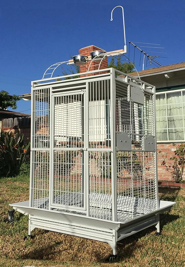 Extra Large Double Ladders Open Play Top Wrought Iron Bird Parrot Parttot Finch Macaw Cockatoo Cage, Include Seed Guard and Toy Hook (32" x 23" x 66"H White Vein)-PawvioPets