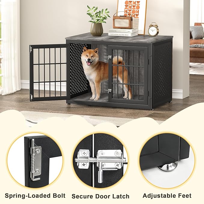 38" Heavy Duty Dog Crate Furniture for Large and Medium Dogs,Wooden Metal Kennel for High Anxiety Dogs, Chew Proof Cage Indoor, Decorative Kennel End Table-PawvioPets