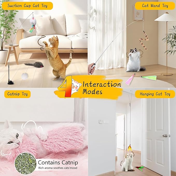 4-in-1 Interactive Cat Feather Toys with Durable Retractable Fishing Pole, Enhanced Suction Cup Toy, Door Hanging Teaser Toy and 11 Attachments Replacements for Bored Indoor Adult Cats-PawvioPets