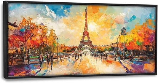 Framed Large Eiffel Tower Wall Art for Living Room, Oversized Paris City Street Landscape Wall Decor, Colorful Sunrise Canvas Painting Modern Artwork for Living Room Bedroom Office 60"x30"-PawvioPets