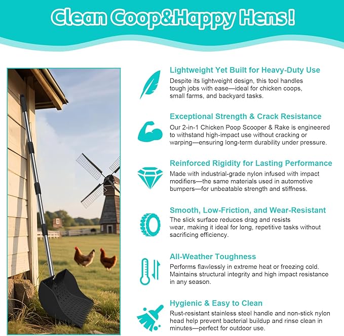 12-Inch 2-in-1 Chicken Poop Scooper & Rake – US Patent Pending – 3-Shape Sifting Holes Chicken Coop Rake，Stainless Steel Handle （20–61"）– Litter Scoop Sand & Sifting Shovel for Chicken Coops (Black)-PawvioPets
