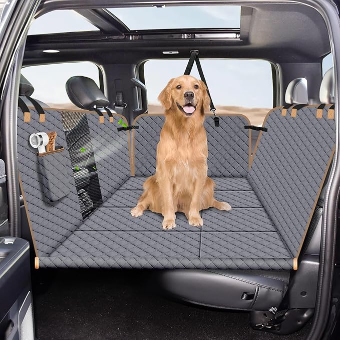 Dog Car Seat Cover for Back Seat, Dog Car Bed Cover with Strong Hard Bottom, Car Back Seat Extender Hammock for Car SUV Truck 4 Panels Gray Color Large Size-PawvioPets