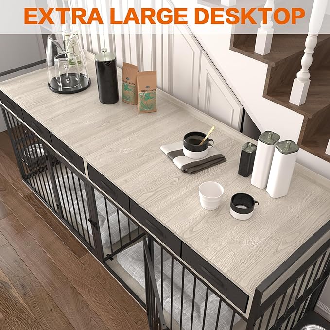 86.6inch Dog Crate Furniture with Storage,Furniture Style TV Stand Dog Kennel for 2 Dogs,with 6 Drawers,Removable Divider&Adjustable Bowls,Heavy Duty Metal Chew-Resistant Dog Crate Furniture-PawvioPets
