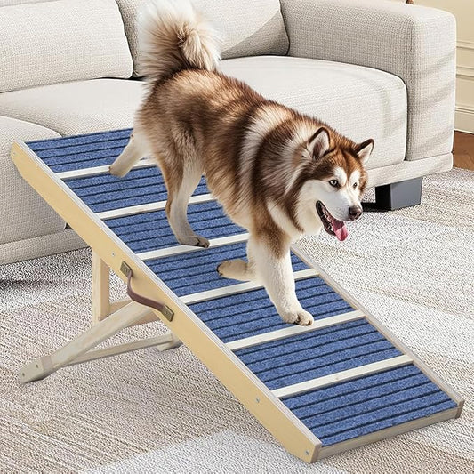 Dog Ramp for Bed, Upgraded 46.8" Long Portable Dog Ramp for Couch, Wood Folding Pet Ramp for All Breeds Large Old Dogs to Get on Bed, 5 Adjustable Heights 14.8" to 26.2" (Wood, Up to 150lbs)-PawvioPets