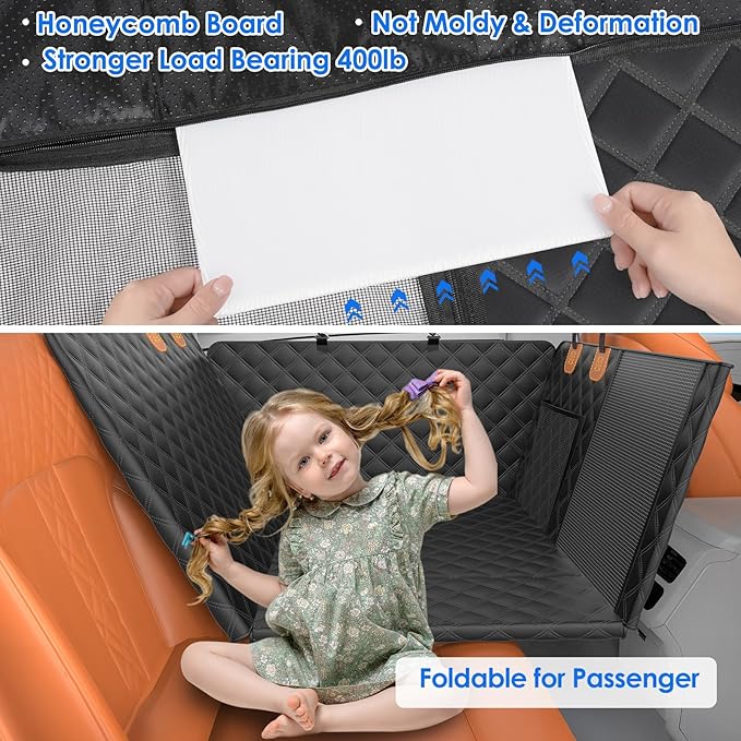 Back Seat Extender for Dogs with Hard Bottom/Large Space, Waterproof Dog Car Seat Cover Holds 400lbs, Sturdy Nonslip Pet Backseat Hammock for Cars/SUV-PawvioPets