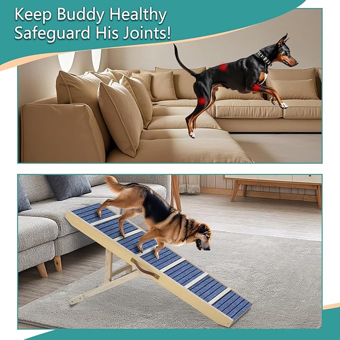 Dog Ramp for Bed, Upgraded 46.8" Long Portable Dog Ramp for Couch, Wood Folding Pet Ramp for All Breeds Large Old Dogs to Get on Bed, 5 Adjustable Heights 14.8" to 26.2" (Wood, Up to 150lbs)-PawvioPets
