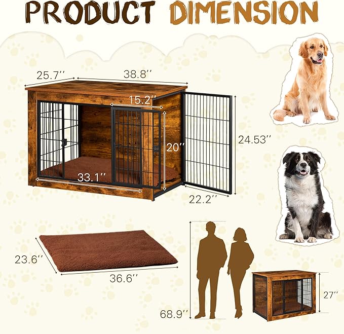 Bigrab Dog Crate Furniture with Thick Cushion, Side End Table Wooden Dog Cage with Double Doors, Chew-Resistant Dog Kennel Dog House Indoor for Small to Large Dog, L-PawvioPets