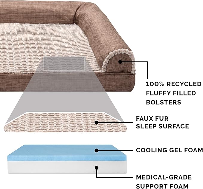 Furhaven Cooling Gel Dog Bed for Large/Medium Dogs w/ Removable Bolsters & Washable Cover, For Dogs Up to 55 lbs - Luxe Faux Fur & Performance Linen Sofa - Woodsmoke, Large-PawvioPets