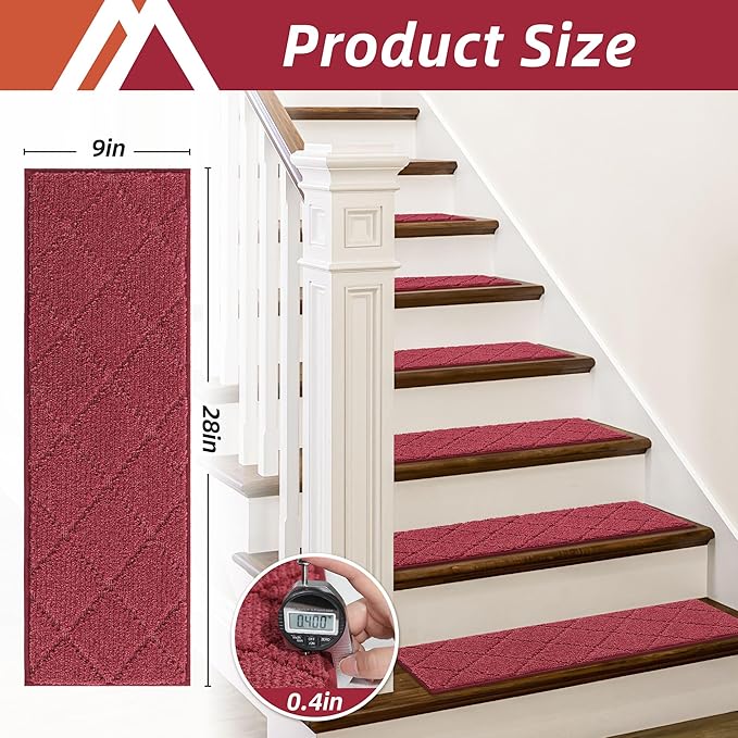 COSY HOMEER Edging Stair Treads Non-Slip Carpet Mat 28inX9in Indoor Stair Runners for Wooden Steps, Edging Stair Rugs for Kids and Dogs, 100% Polyester TPE Backing (7pc, Red, 7)-PawvioPets