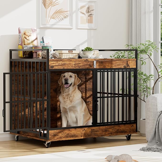 Dog Crate Furniture Large Breed with 2 Stainless Steel Bowls, Large Wooden Dog Crate Table, Escape-Proof & Chew-Proof XL Furniture, Decorate House As TV Stand, End Table, 45" L X 30" W 37" H-PawvioPets