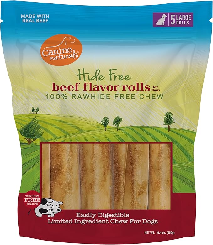 Canine Naturals Beef Chew - Rawhide Free Dog Treats - Made with Real Beef - Poultry Free Recipe - All-Natural and Easily Digestible - 5 Pack of 7 Inch Large Rolls for Dogs 50-75lb-PawvioPets
