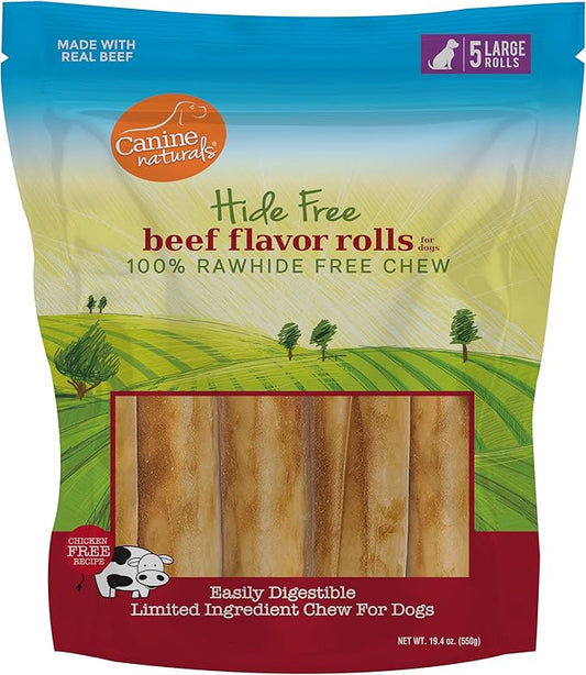 Canine Naturals Beef Chew - Rawhide Free Dog Treats - Made with Real Beef - Poultry Free Recipe - All-Natural and Easily Digestible - 5 Pack of 7 Inch Large Rolls for Dogs 50-75lb-PawvioPets