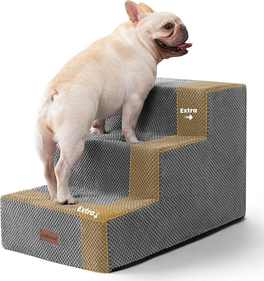 Dog Stairs for Small Dogs & Cats,3-Step Extra Wide Non-Slip Pet Steps for Couch Sofa and Chair,Grey,15.7" H-PawvioPets