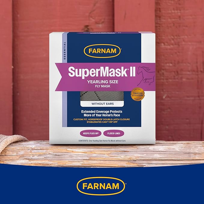 Farnam SuperMask II horse fly mask without ears, extended coverage, protects eyes from insects and debris, adjustable throat latch, Yearling size-PawvioPets