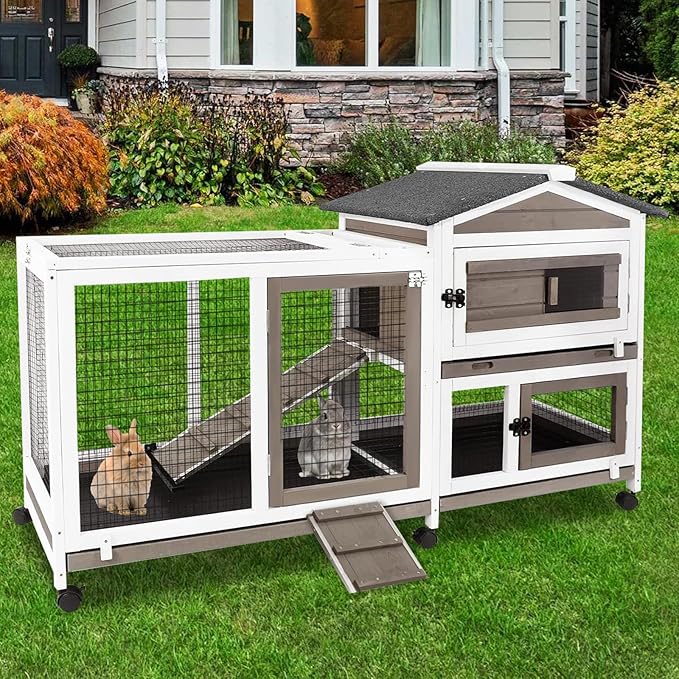 57" L Rabbit Hutch Indoor Outdoor 2 Story Large Bunny Hutch with Run Guinea Pig Cage Wooden Rabbit Cage with Removable 3 Pull Out Trays Pet House for Small-Medium Animals-PawvioPets