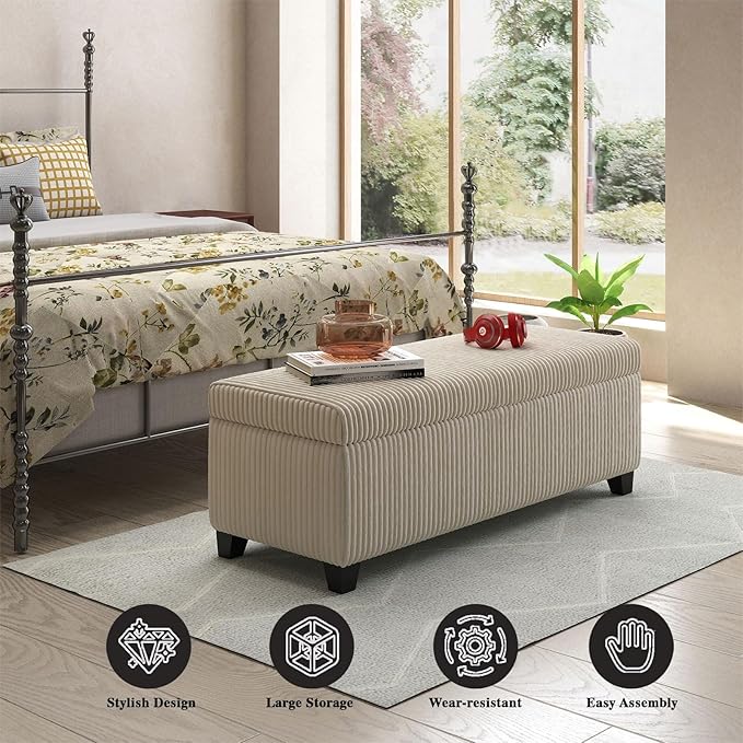 48" Ottoman with Storage, Corduroy Storage Ottoman Bench for Bedroom, End of Bed Bench with Safety Hinge for Living Room, Bedroom, Entryway, Beige-PawvioPets