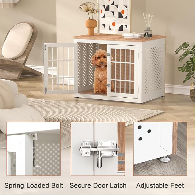 32" Heavy Duty Dog Crate Furniture for Small and Medium Dogs, Metal Kennel for High Anxiety Dogs, Chew Proof Pet Cage Indoor, Decorative Dog Kennel End Table, White-PawvioPets